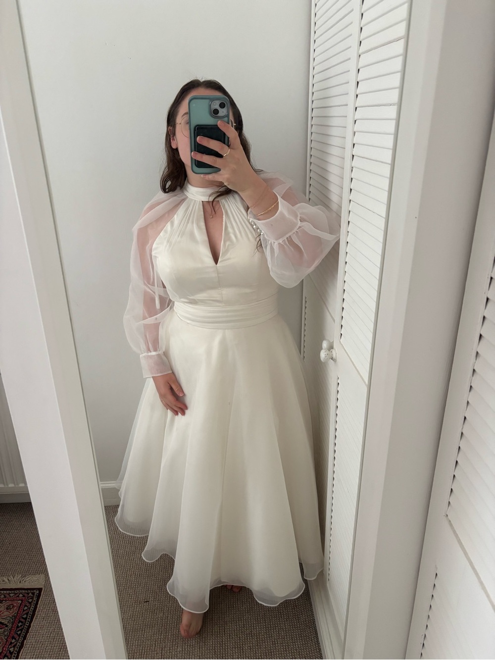 Ivory Organza Sleeve Tea Length Dress- True Bride